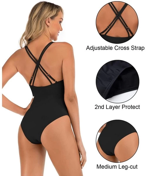 One-Pieces Womens One Piece Swimsuits V Neck Tummy Control Swimwear Slimming Cross Back Bathing Suits - 1 Black - C4199QZS86Q