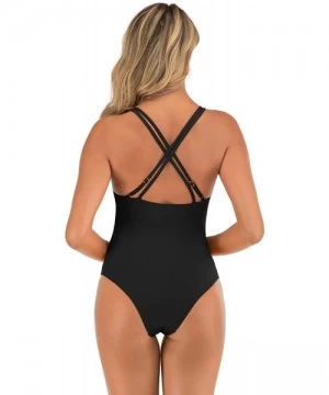 One-Pieces Womens One Piece Swimsuits V Neck Tummy Control Swimwear Slimming Cross Back Bathing Suits - 1 Black - C4199QZS86Q