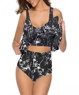 Tankinis Marina Womens Suits Two Pieces Flounce Top High Waist Bottom Tankini Sets Flowy Beach Swimwear - 11black Marble - CH...