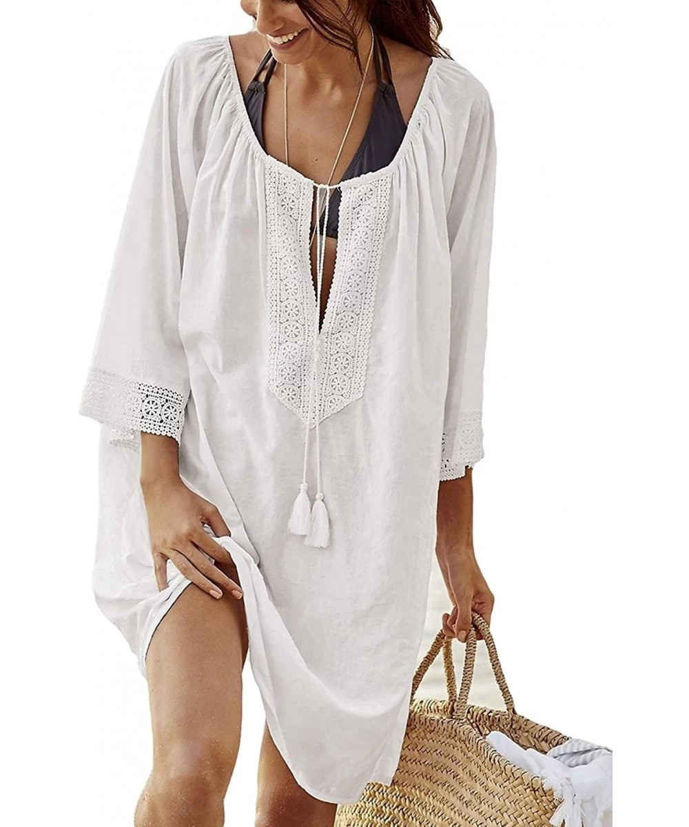 Cover-Ups Casual Swimsuit Cover Up for Women Loose Beach Bikini Dress - Solid White - CG18GASRQGZ