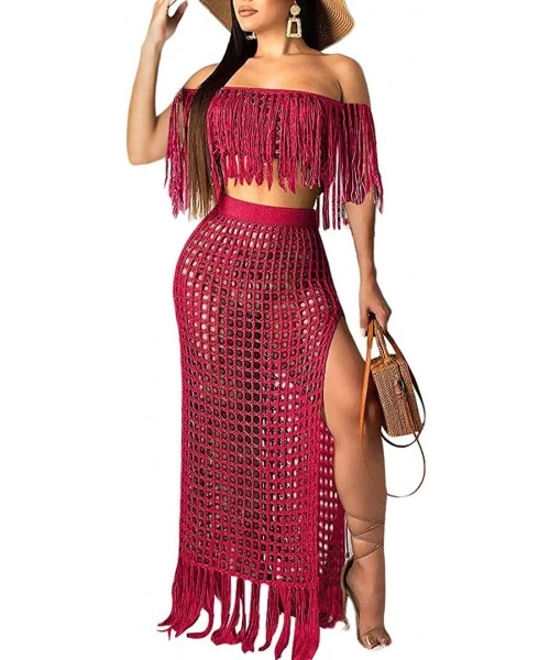 Cover-Ups Women's 2pcs Bikini Swimsuit Cover up Beach Outfits Hollow Out Long Sleeve Crop Top Slit Maxi Skirt Dress Set - Sho...