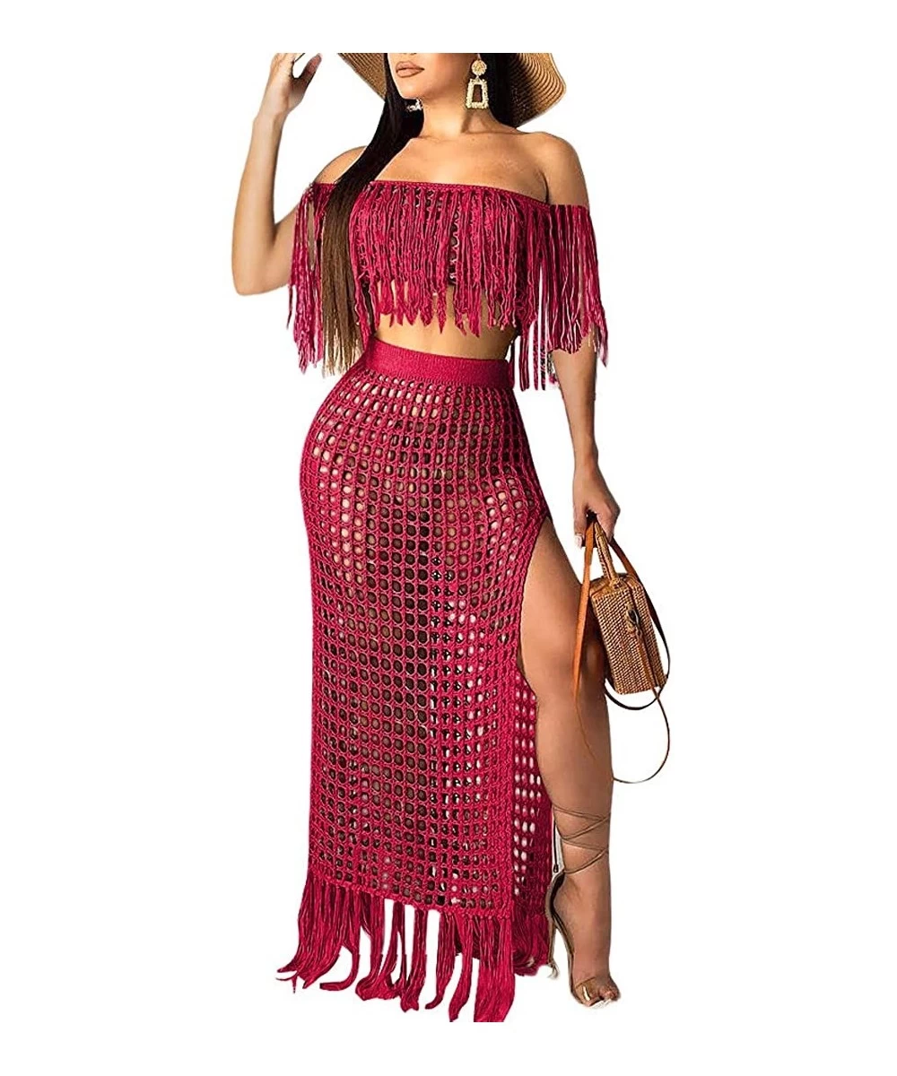 Cover-Ups Women's 2pcs Bikini Swimsuit Cover up Beach Outfits Hollow Out Long Sleeve Crop Top Slit Maxi Skirt Dress Set - Sho...