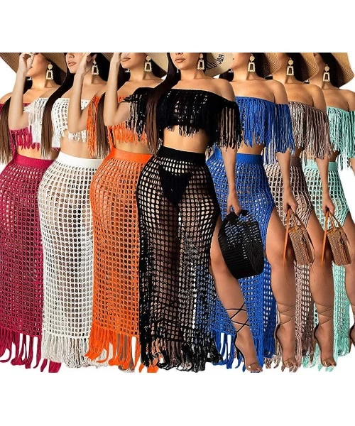 Cover-Ups Women's 2pcs Bikini Swimsuit Cover up Beach Outfits Hollow Out Long Sleeve Crop Top Slit Maxi Skirt Dress Set - Sho...