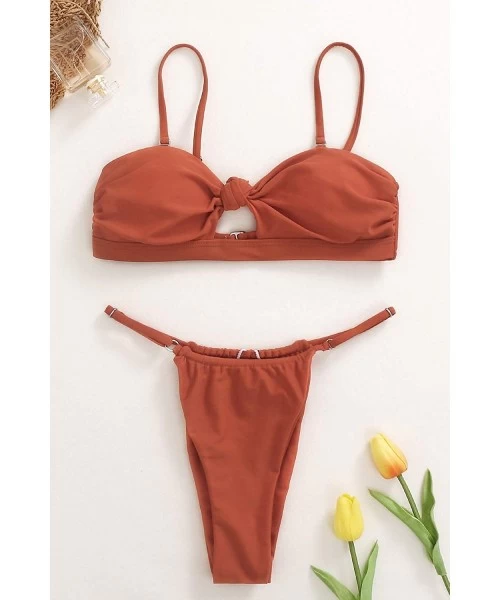 Sets Womens High Waist Swimsuit Brazilian Thong Bikini Set Bandeau Bathing Suit Tie Knot Swimwear - Reddish Brown - CS18NKSYW82