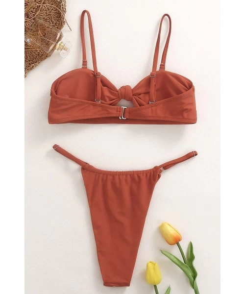 Sets Womens High Waist Swimsuit Brazilian Thong Bikini Set Bandeau Bathing Suit Tie Knot Swimwear - Reddish Brown - CS18NKSYW82