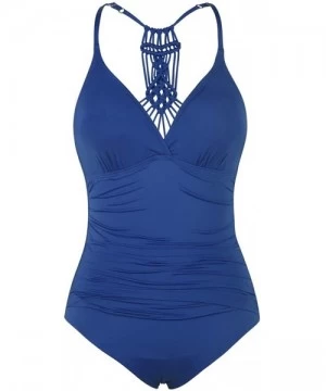 One-Pieces Women's Shirred Halter One Piece Swimsuits Macrame Back Swimwear Tummy Control Bathing Suit - Balkan Blue - CE18S6...