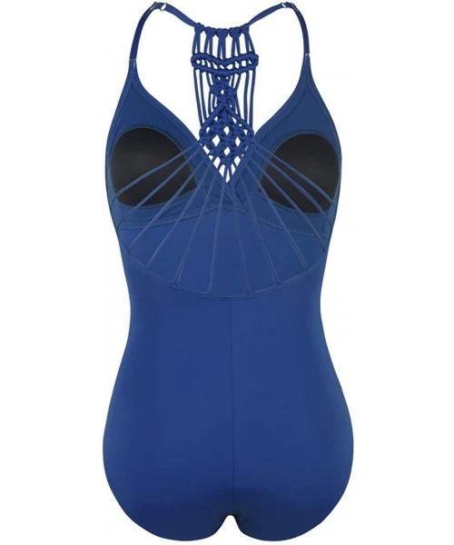 One-Pieces Women's Shirred Halter One Piece Swimsuits Macrame Back Swimwear Tummy Control Bathing Suit - Balkan Blue - CE18S6...