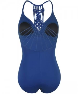 One-Pieces Women's Shirred Halter One Piece Swimsuits Macrame Back Swimwear Tummy Control Bathing Suit - Balkan Blue - CE18S6...