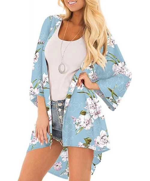 Cover-Ups Women Floral Print Kimono Sheer Chiffon Cardigan Half Sleeve Cover Up - Blue-3 - CT18Y4LN36A