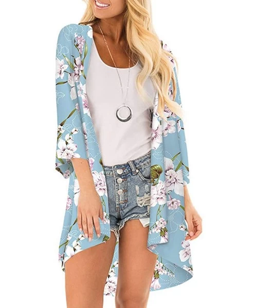 Cover-Ups Women Floral Print Kimono Sheer Chiffon Cardigan Half Sleeve Cover Up - Blue-3 - CT18Y4LN36A