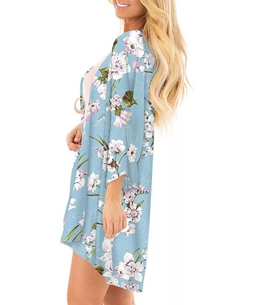 Cover-Ups Women Floral Print Kimono Sheer Chiffon Cardigan Half Sleeve Cover Up - Blue-3 - CT18Y4LN36A