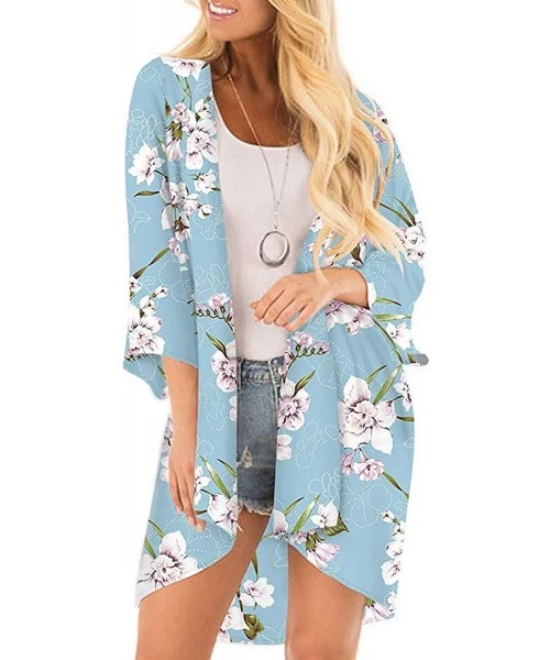 Cover-Ups Women Floral Print Kimono Sheer Chiffon Cardigan Half Sleeve Cover Up - Blue-3 - CT18Y4LN36A