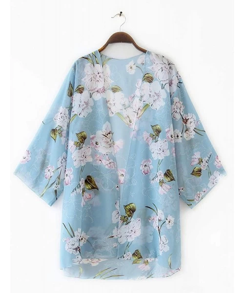 Cover-Ups Women Floral Print Kimono Sheer Chiffon Cardigan Half Sleeve Cover Up - Blue-3 - CT18Y4LN36A