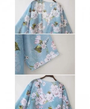 Cover-Ups Women Floral Print Kimono Sheer Chiffon Cardigan Half Sleeve Cover Up - Blue-3 - CT18Y4LN36A