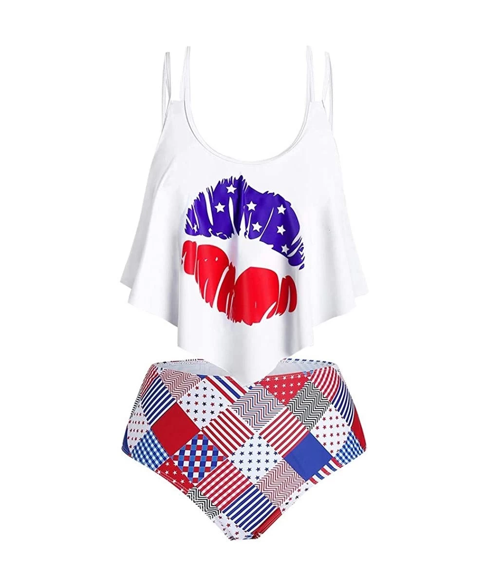 Sets Swimsuits for Women American Flag Ruffled Flounce Top with High Waisted Bottom Bikini Set - Purple - CS190TRE0NM