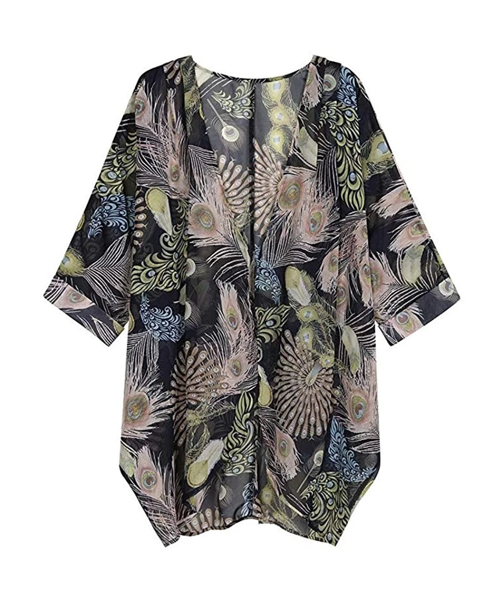 Cover-Ups Women's Floral Print Kimono Cardigan Sheer Chiffon Loose Half Sleeve Shawl Casual Open Front Cover up Capes Black -...