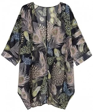 Cover-Ups Women's Floral Print Kimono Cardigan Sheer Chiffon Loose Half Sleeve Shawl Casual Open Front Cover up Capes Black -...