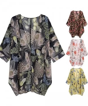 Cover-Ups Women's Floral Print Kimono Cardigan Sheer Chiffon Loose Half Sleeve Shawl Casual Open Front Cover up Capes Black -...