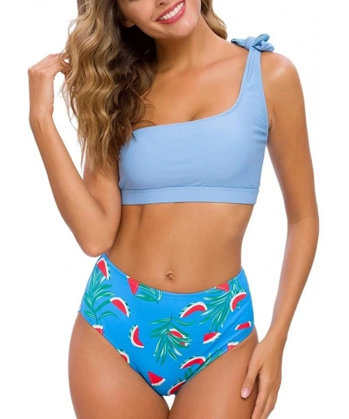 Sets Women Two Piece Bikini Sets High Waisted Swimsuit Ruffle One Shoulder Beachwear - Sky Blue+print - CA18ZTD6NGT