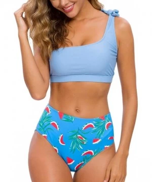 Sets Women Two Piece Bikini Sets High Waisted Swimsuit Ruffle One Shoulder Beachwear - Sky Blue+print - CA18ZTD6NGT