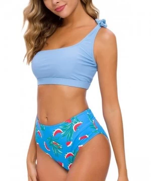 Sets Women Two Piece Bikini Sets High Waisted Swimsuit Ruffle One Shoulder Beachwear - Sky Blue+print - CA18ZTD6NGT