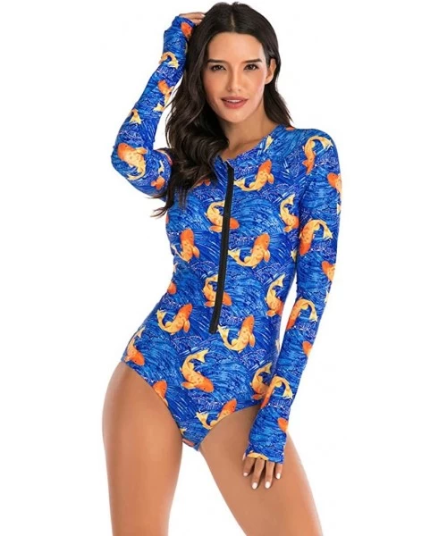 Cover-Ups Womens Rashguard Swimsuit Zip Front Print Long Sleeve One Piece Swimwear - Blue - CX195SOGGH4