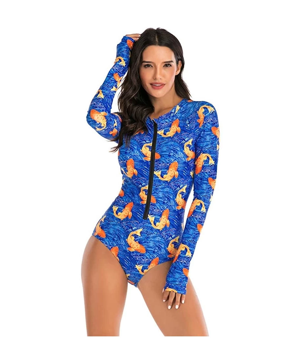 Cover-Ups Womens Rashguard Swimsuit Zip Front Print Long Sleeve One Piece Swimwear - Blue - CX195SOGGH4