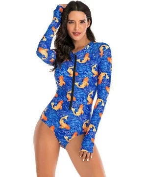 Cover-Ups Womens Rashguard Swimsuit Zip Front Print Long Sleeve One Piece Swimwear - Blue - CX195SOGGH4