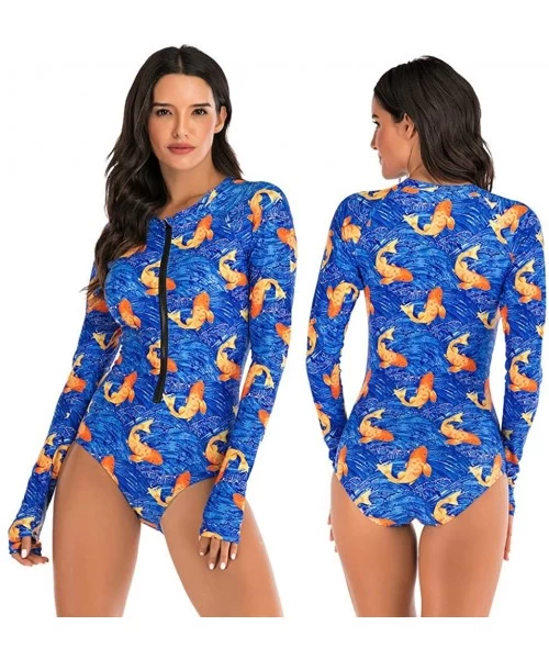 Cover-Ups Womens Rashguard Swimsuit Zip Front Print Long Sleeve One Piece Swimwear - Blue - CX195SOGGH4