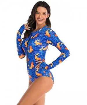 Cover-Ups Womens Rashguard Swimsuit Zip Front Print Long Sleeve One Piece Swimwear - Blue - CX195SOGGH4