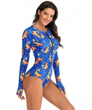 Cover-Ups Womens Rashguard Swimsuit Zip Front Print Long Sleeve One Piece Swimwear - Blue - CX195SOGGH4