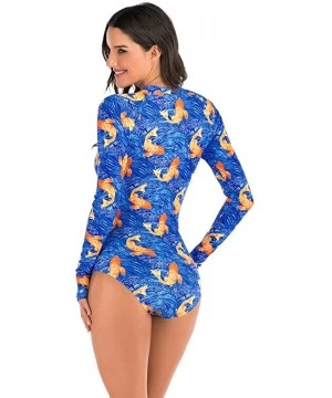 Cover-Ups Womens Rashguard Swimsuit Zip Front Print Long Sleeve One Piece Swimwear - Blue - CX195SOGGH4