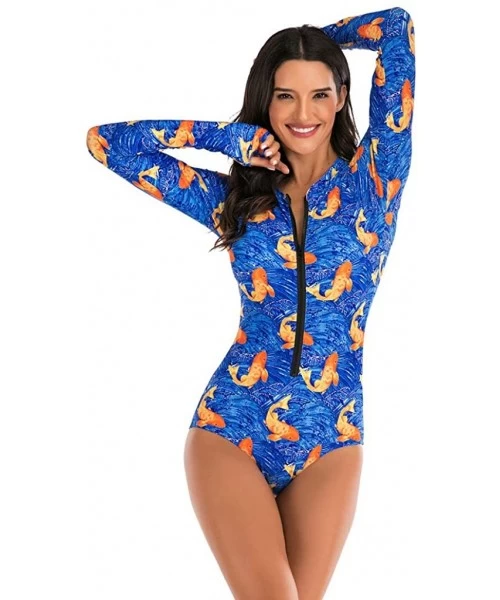 Cover-Ups Womens Rashguard Swimsuit Zip Front Print Long Sleeve One Piece Swimwear - Blue - CX195SOGGH4