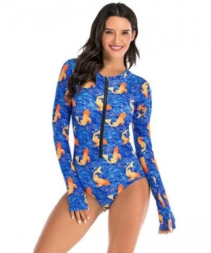 Cover-Ups Womens Rashguard Swimsuit Zip Front Print Long Sleeve One Piece Swimwear - Blue - CX195SOGGH4