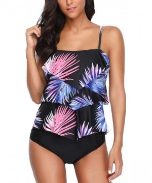 Tankinis Women Two Piece Swimsuit Leaf Print Ruffle Flounce Tankini - Black - C718NW78ZR9