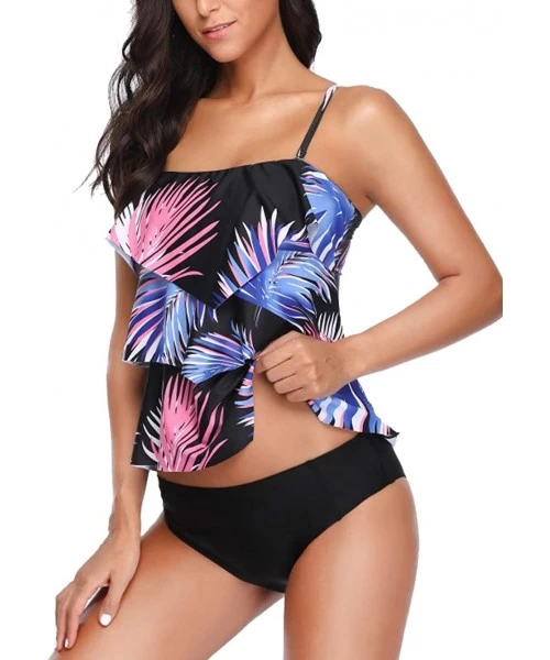 Tankinis Women Two Piece Swimsuit Leaf Print Ruffle Flounce Tankini - Black - C718NW78ZR9