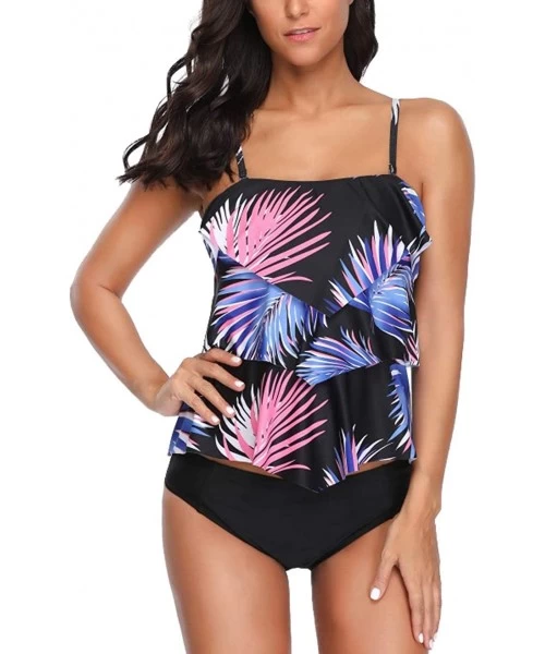 Tankinis Women Two Piece Swimsuit Leaf Print Ruffle Flounce Tankini - Black - C718NW78ZR9