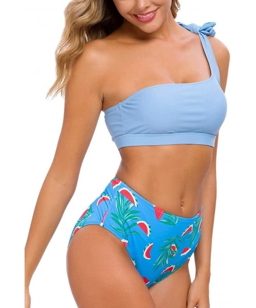 Sets Women Two Piece Bikini Sets High Waisted Swimsuit Ruffle One Shoulder Beachwear - Sky Blue+print - CA18ZTD6NGT