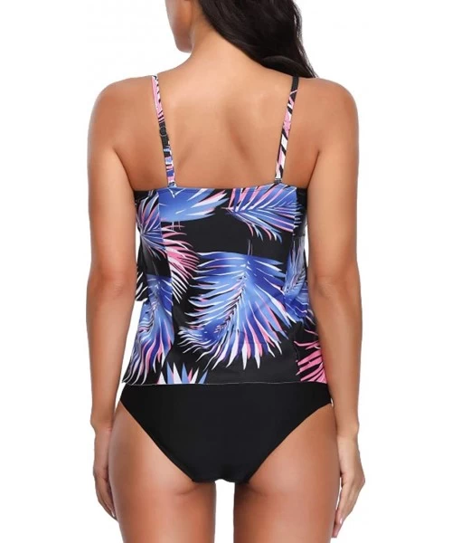 Tankinis Women Two Piece Swimsuit Leaf Print Ruffle Flounce Tankini - Black - C718NW78ZR9