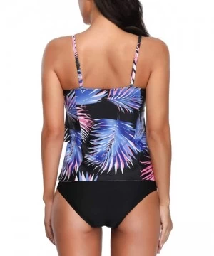 Tankinis Women Two Piece Swimsuit Leaf Print Ruffle Flounce Tankini - Black - C718NW78ZR9