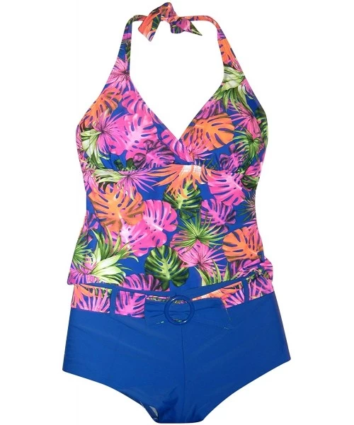 Tankinis Women's Tankini Boyshorts Swimsuit Set - Blue Tropical - CD11VYN0KO5