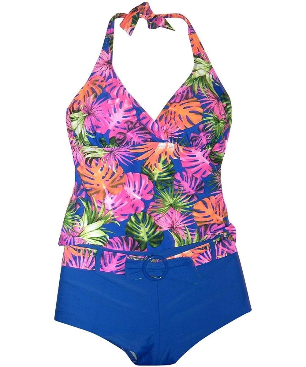 Tankinis Women's Tankini Boyshorts Swimsuit Set - Blue Tropical - CD11VYN0KO5