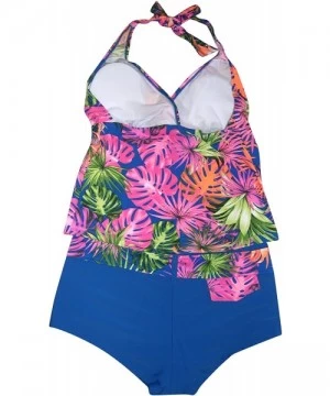 Tankinis Women's Tankini Boyshorts Swimsuit Set - Blue Tropical - CD11VYN0KO5