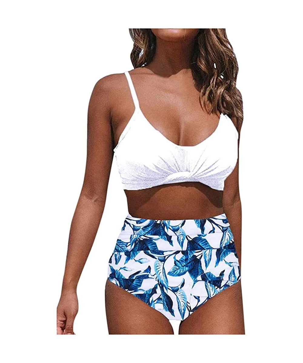 Sets Ruching High Waist Bikini Set Floral Printed Cross Wrap Push Up Top Tie Back Bathing Swimsuit - White - CD194CXX7D0