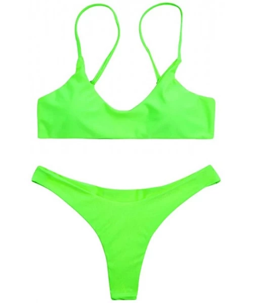 Sets Women's Solid Scoop Neck Push up Padded Brazilian Thong Bikini Swimsuit - 560 Lime Green - C218NOS87GD