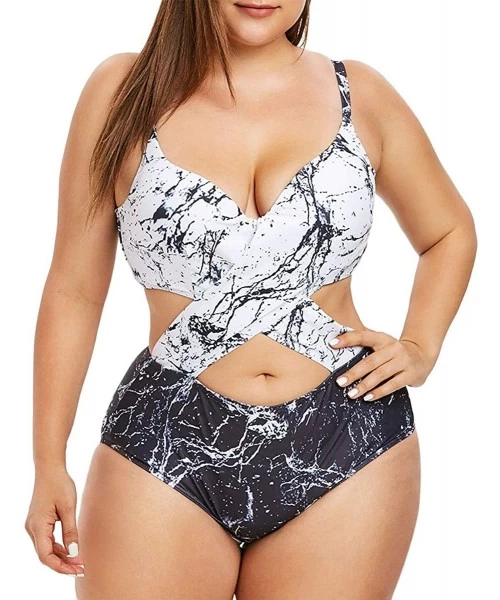 Tankinis Plus Size Tankini Swimsuits for Women with Tummy Control High Waisted Shorts Marble Print One Piece - CR18SKAQ3UX