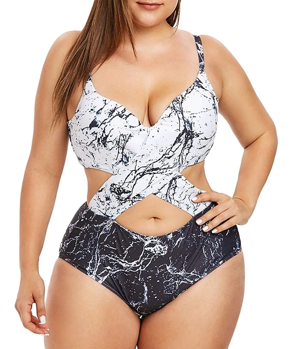 Tankinis Plus Size Tankini Swimsuits for Women with Tummy Control High Waisted Shorts Marble Print One Piece - CR18SKAQ3UX