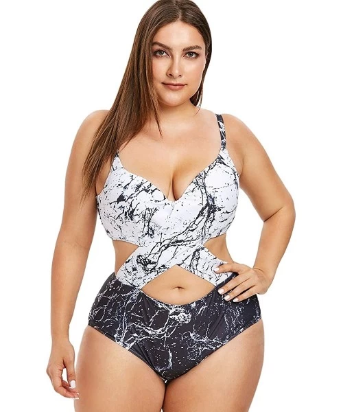 Tankinis Plus Size Tankini Swimsuits for Women with Tummy Control High Waisted Shorts Marble Print One Piece - CR18SKAQ3UX