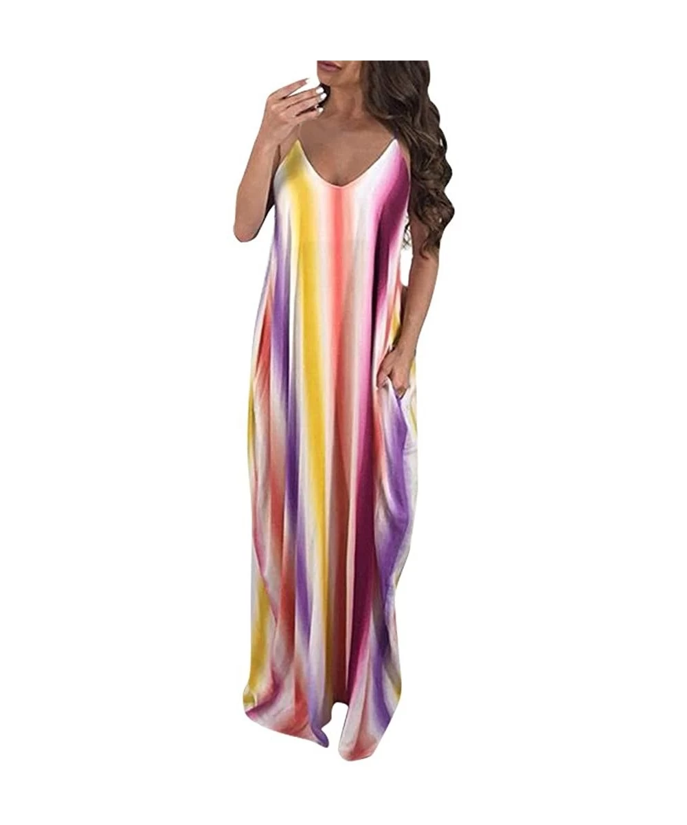 Cover-Ups Long Dress Womens Fashion Casual Print V-Neck Dress Summer Sleeveless Floor Length Dress - Purple - C118SAZSIQ9