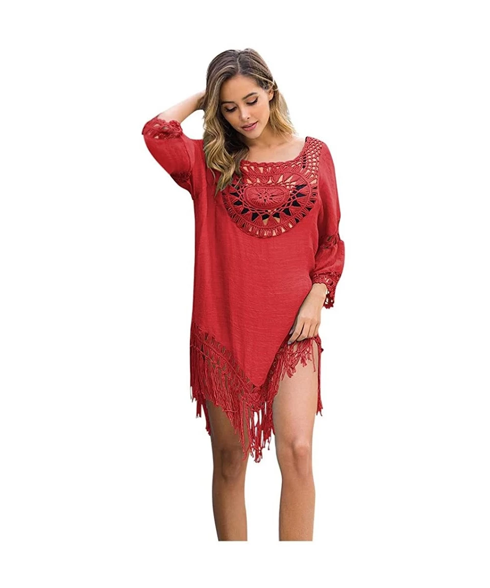 Tops Womens Sexy Crochet Tassel Swimsuit Cover Ups Tunic Kaftans Cover up 3/4 Sleeve Boho Fringe Beach Dress - Red - CX196UES3OC